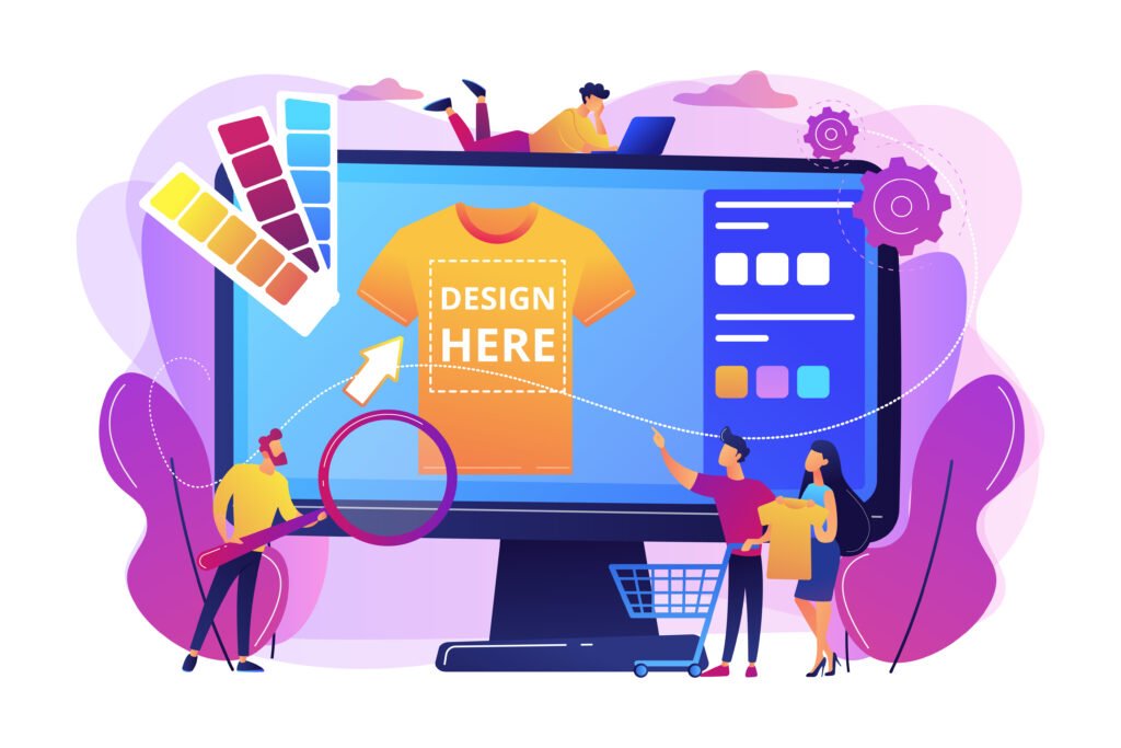 T-shirt print on demand services. Promotional apparel design. Merch clothing, custom merchandise products, merch design service concept. Bright vibrant violet vector isolated illustration