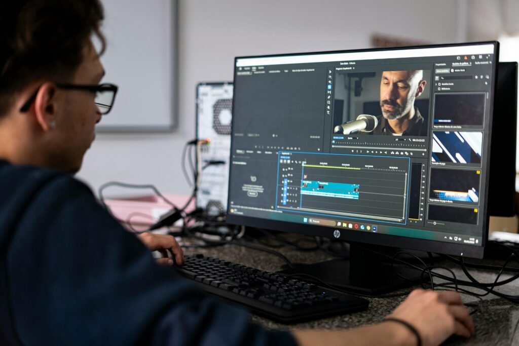 editor editing podcast video on pc